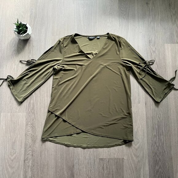 Nina Leonard Olive Green V-Neck Blouse with Open Sleeve Detail - Picture 1 of 16